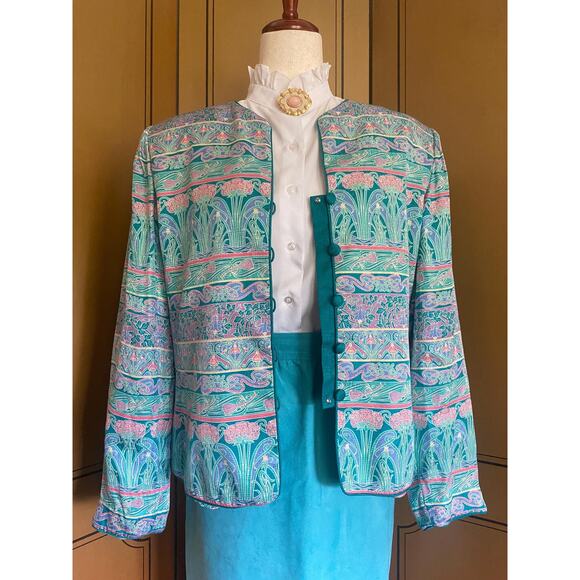 Silk jacket with Art Deco print by Adrianna Papell, size 14 - Picture 2 of 8